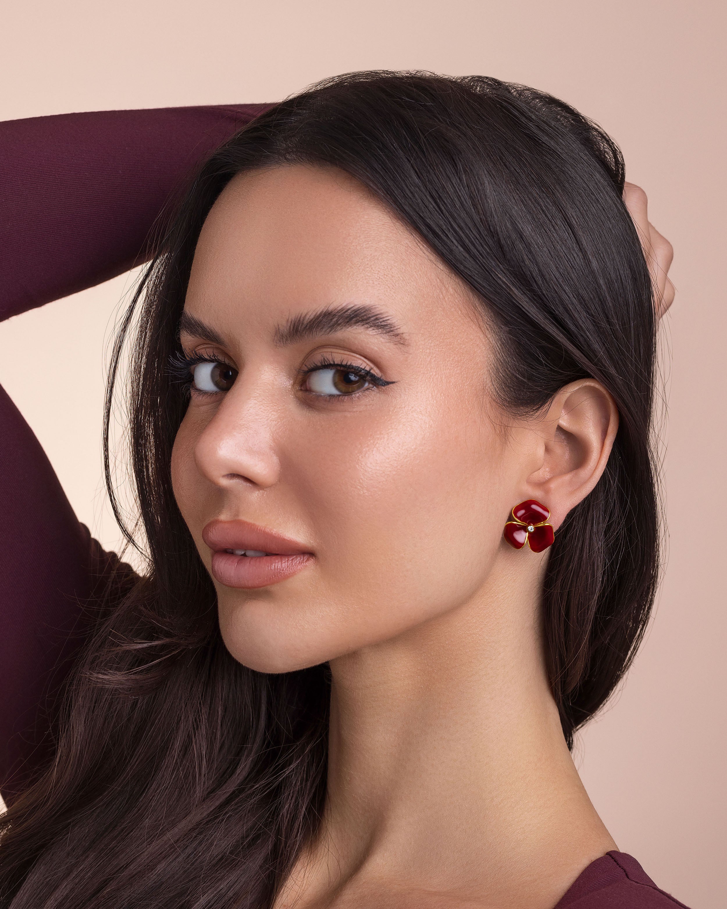 Enamel Floral Petal Studs with CZ - Maroon