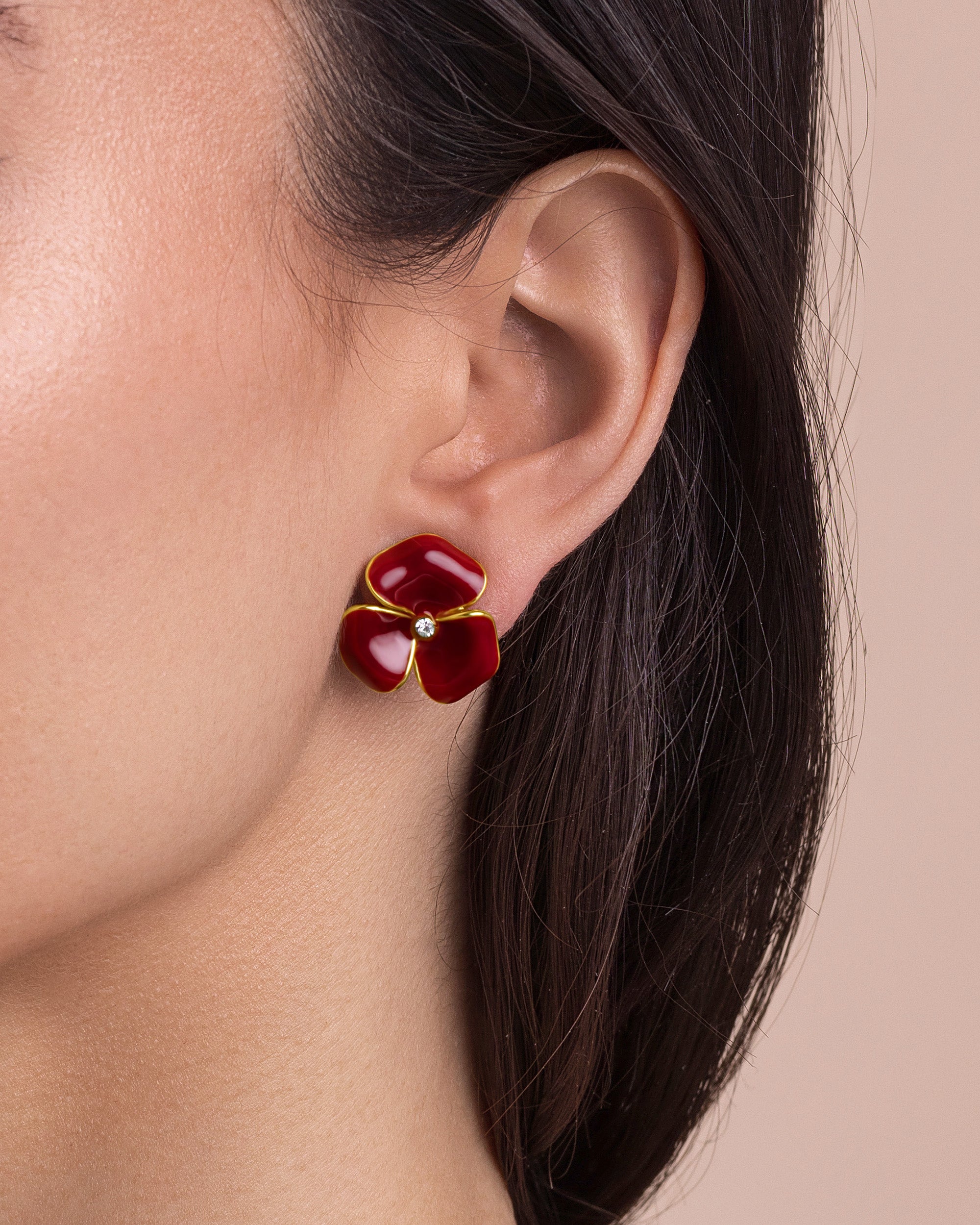 Enamel Floral Petal Studs with CZ - Maroon