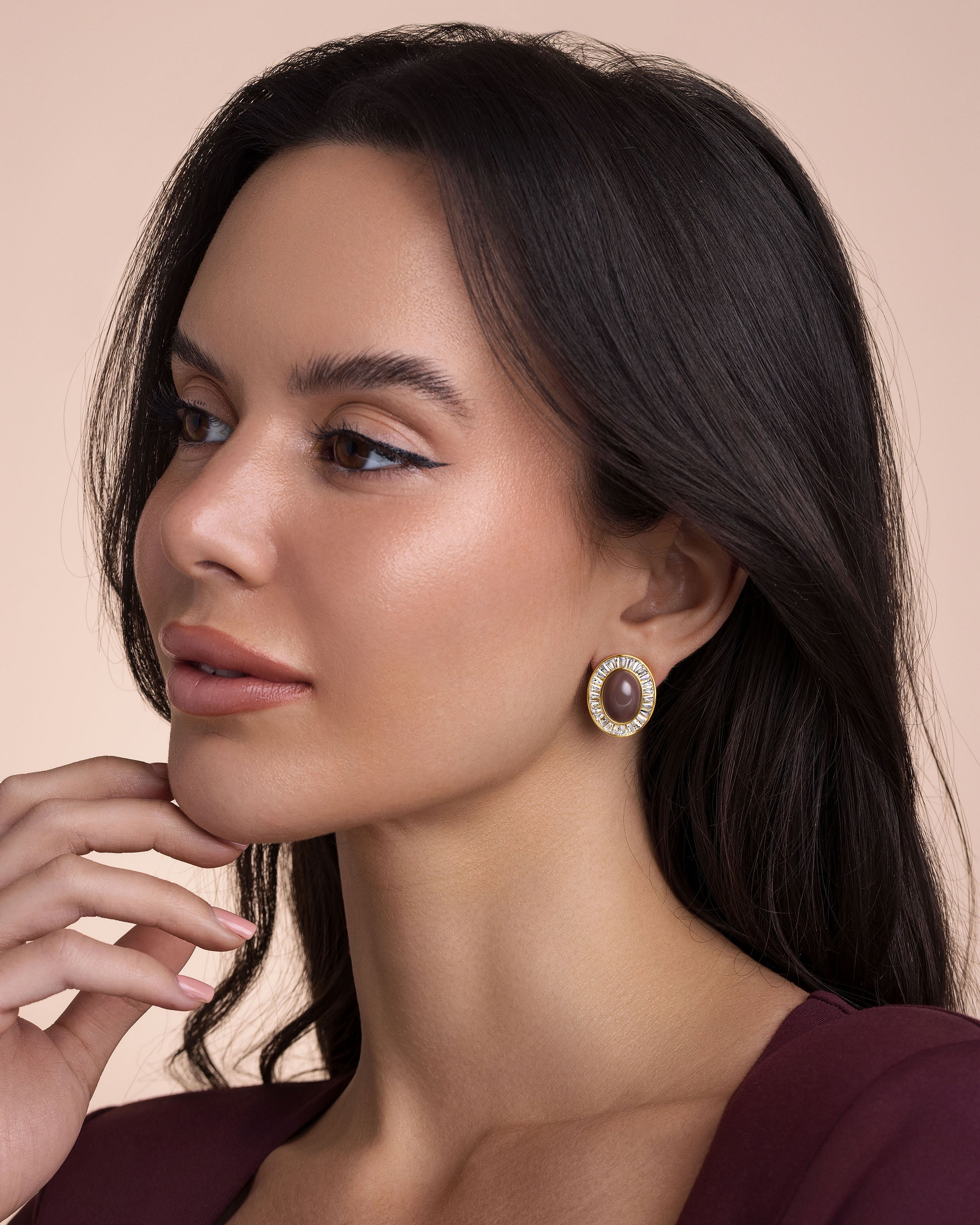 Enamel CZ Chunky Stud Earrings - Chocolate