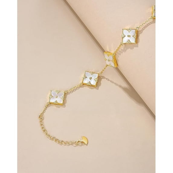 18K Gold Plated Mother of Pearl Clover Bracelet, Adjustable Floral Link Bracelet for Women