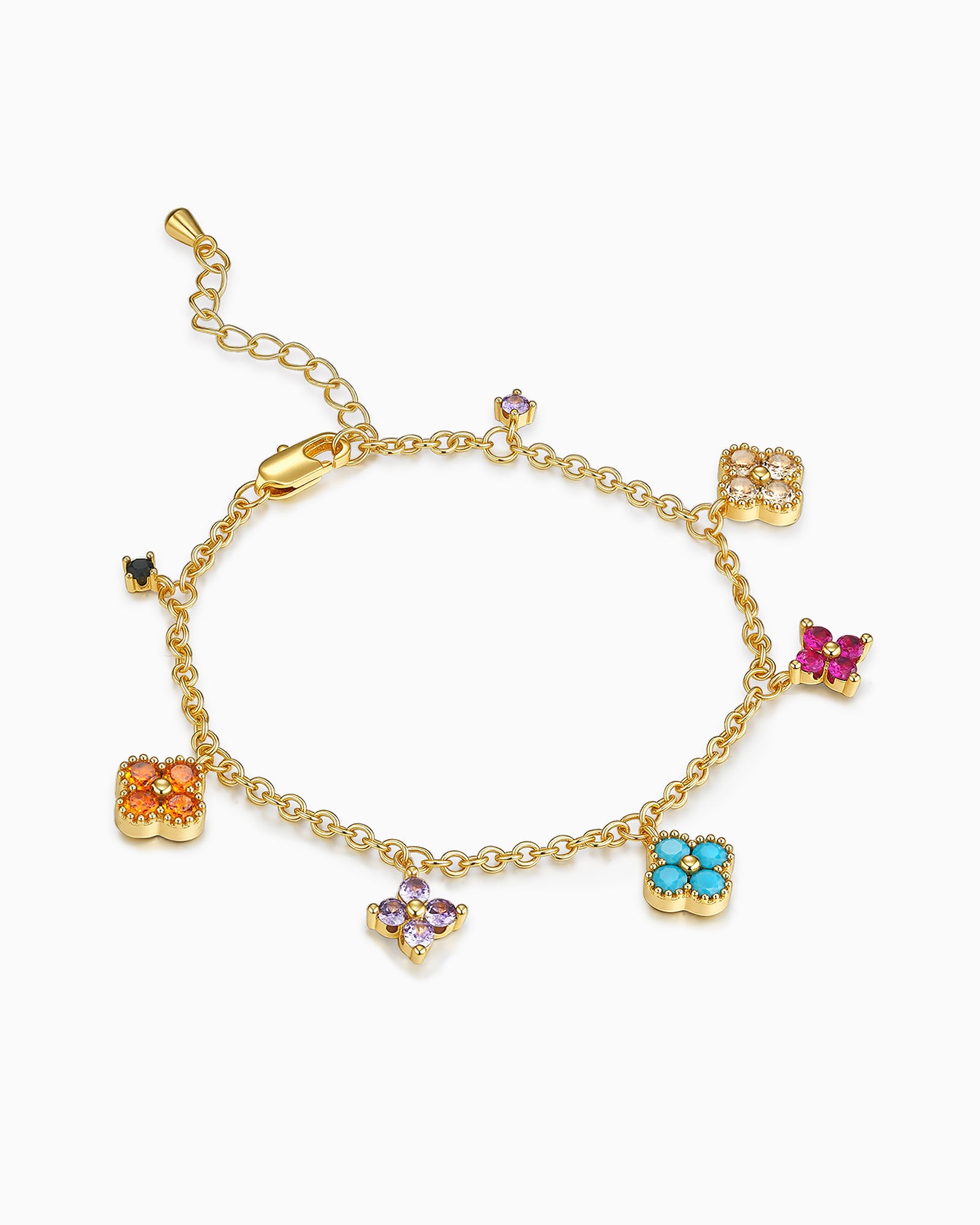 Gold Colorful Gemstone Charm Tennis Station Bracelet