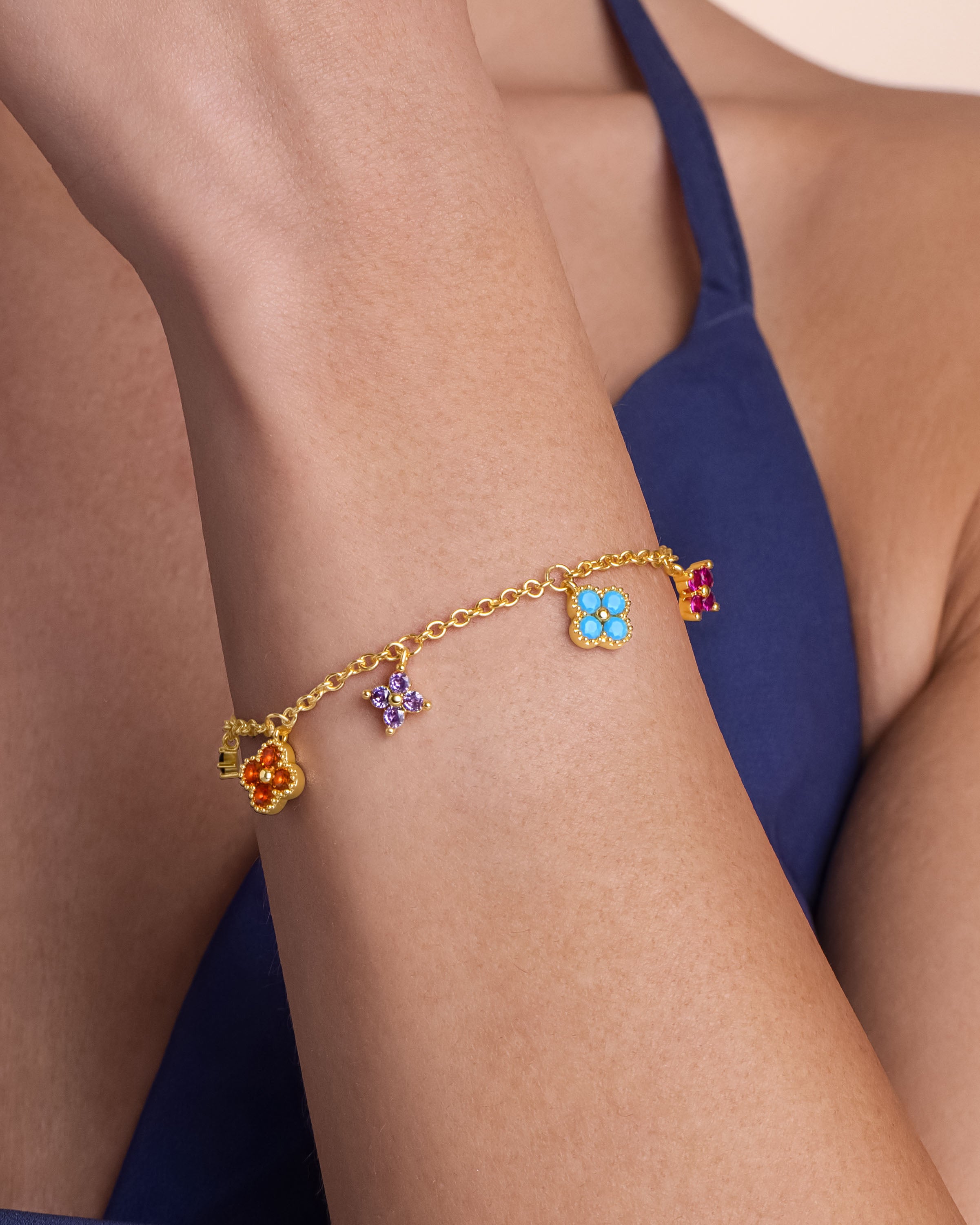 Gold Colorful Gemstone Charm Tennis Station Bracelet