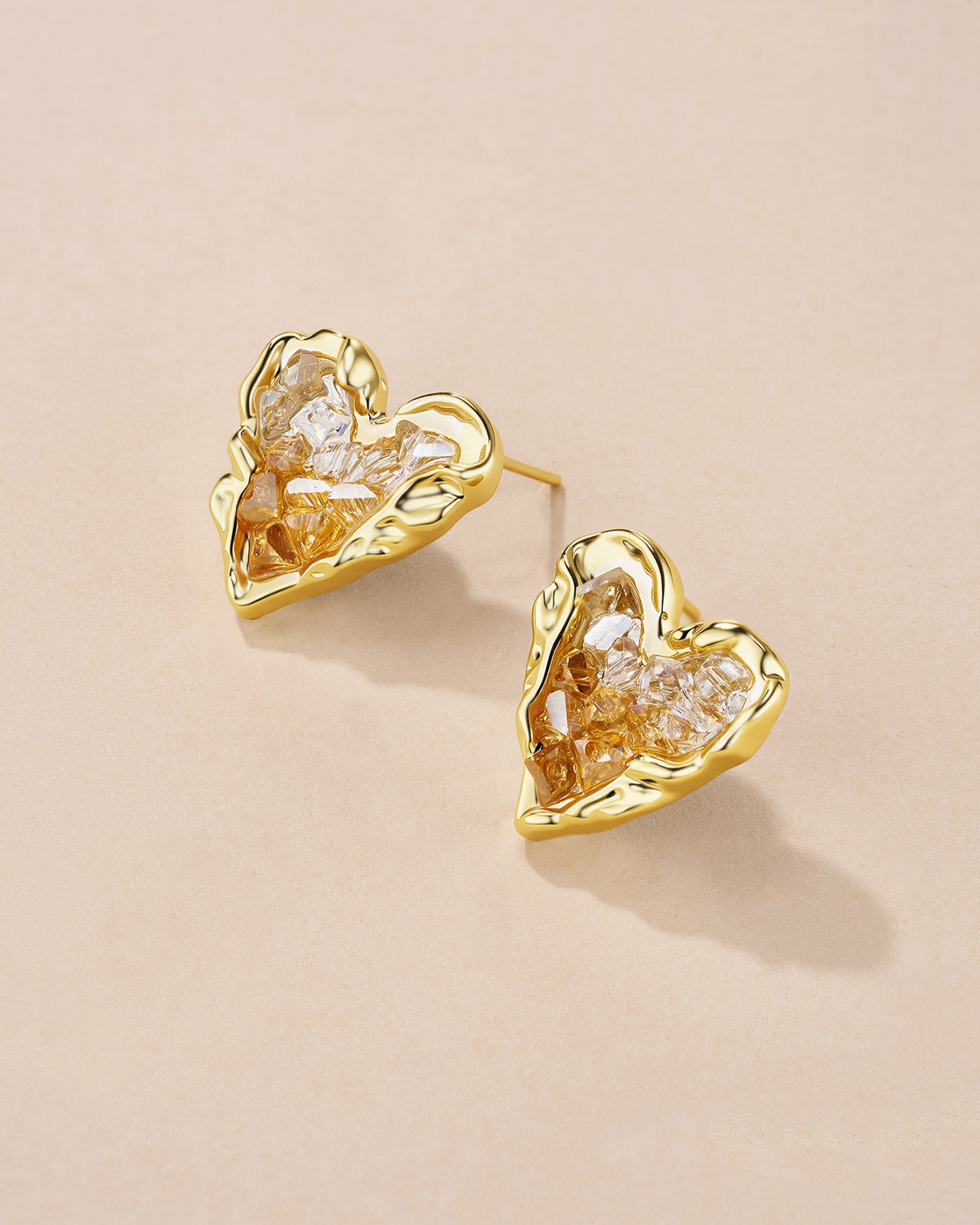 Gold Crystal Heart Shaped Studs