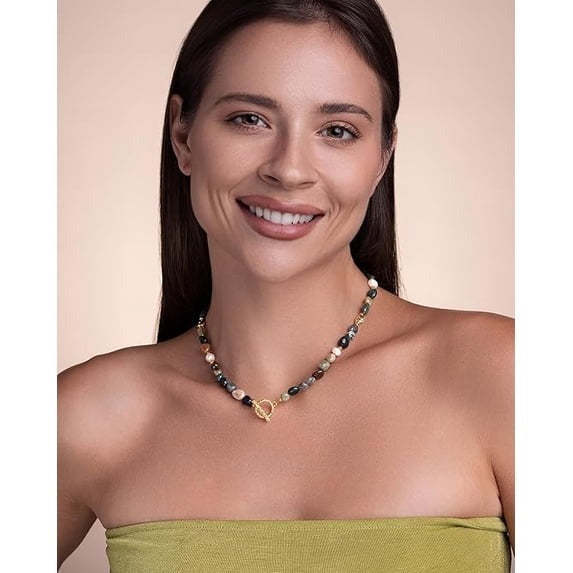 SNGIA 18K Gold Plated Multicolor Natural Stone Beaded Choker Necklace for Women