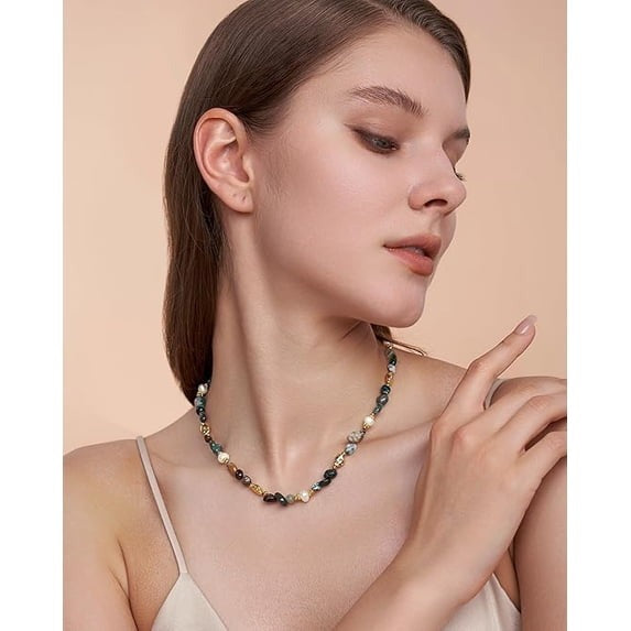 SNGIA 18K Gold Plated Multicolor Natural Stone Beaded Choker Necklace for Women