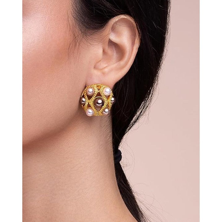 SNGIA 18K Gold Plated Pearl Statement Stud Earrings for Women, Textured Round Button Style