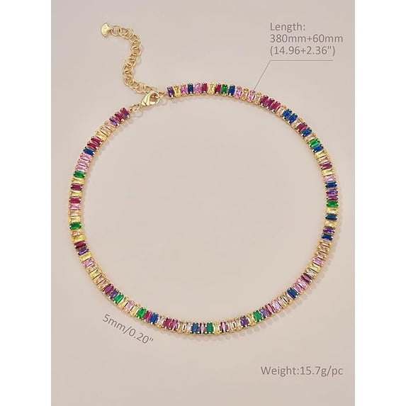 18K Gold Plated Rainbow Baguette Crystal Tennis Choker Necklace for Women, Adjustable Statement Chain
