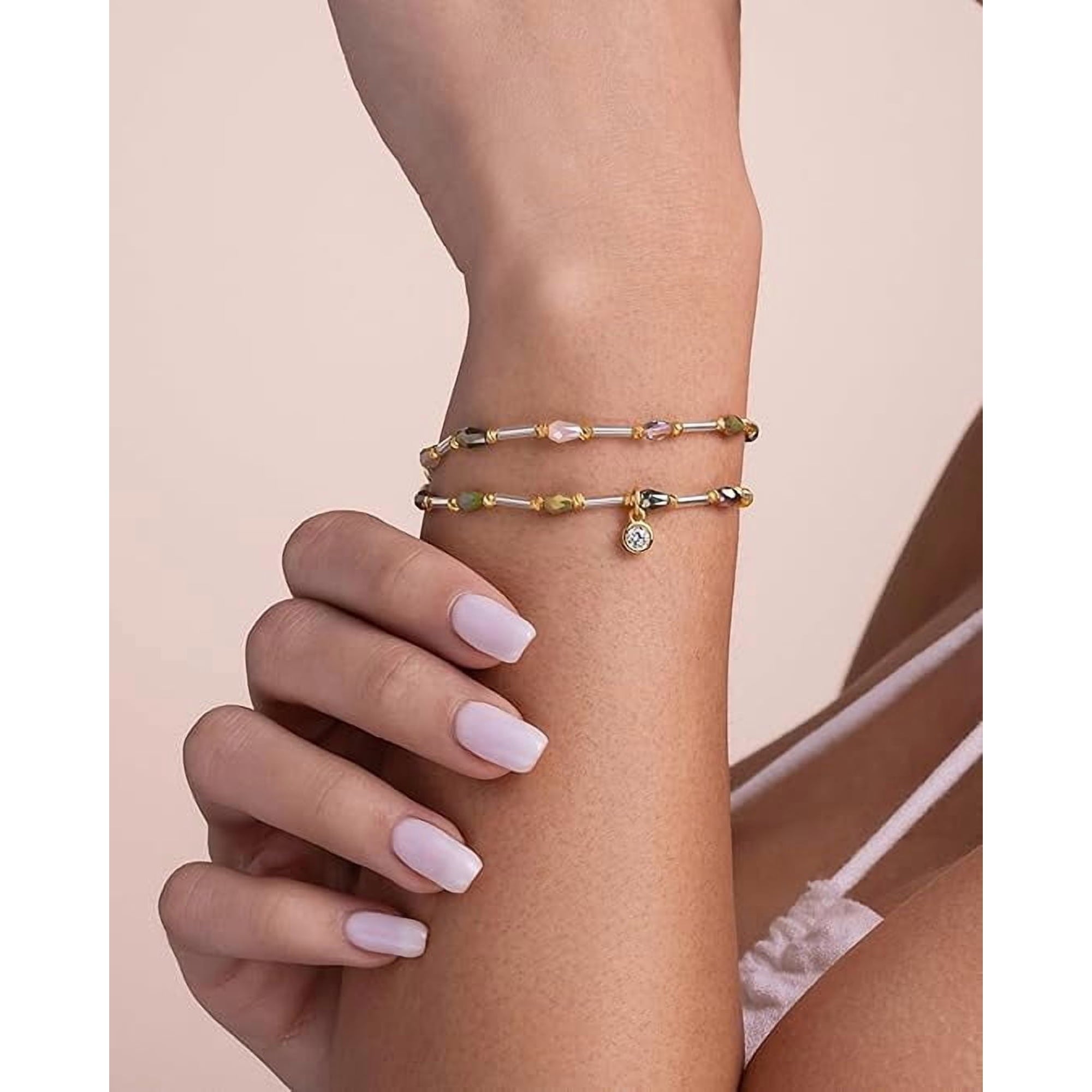Gold Tone Multicolor Beaded Double Wrap Bracelet with CZ Charm for Women