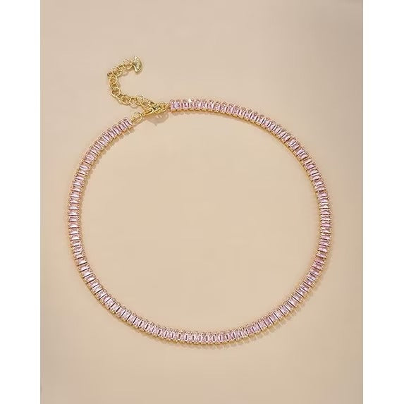 18K Gold Plated Rose Pink Baguette Crystal Tennis Choker Necklace for Women, Adjustable Statement Chain