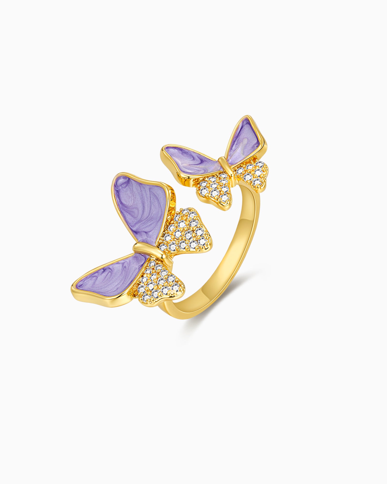 Gold Purple Enamel Butterfly Ring with CZ