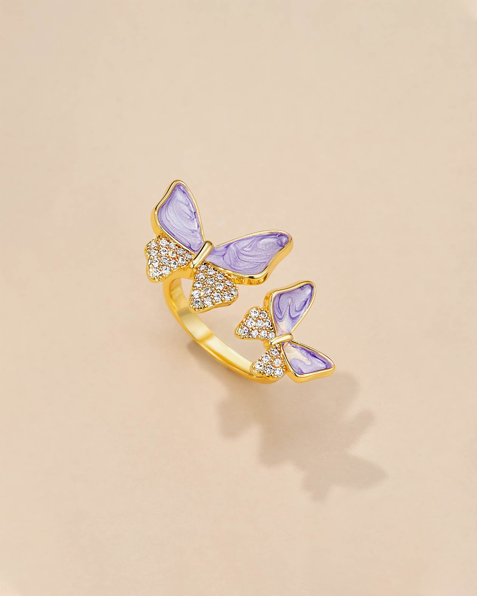 Gold Purple Enamel Butterfly Ring with CZ