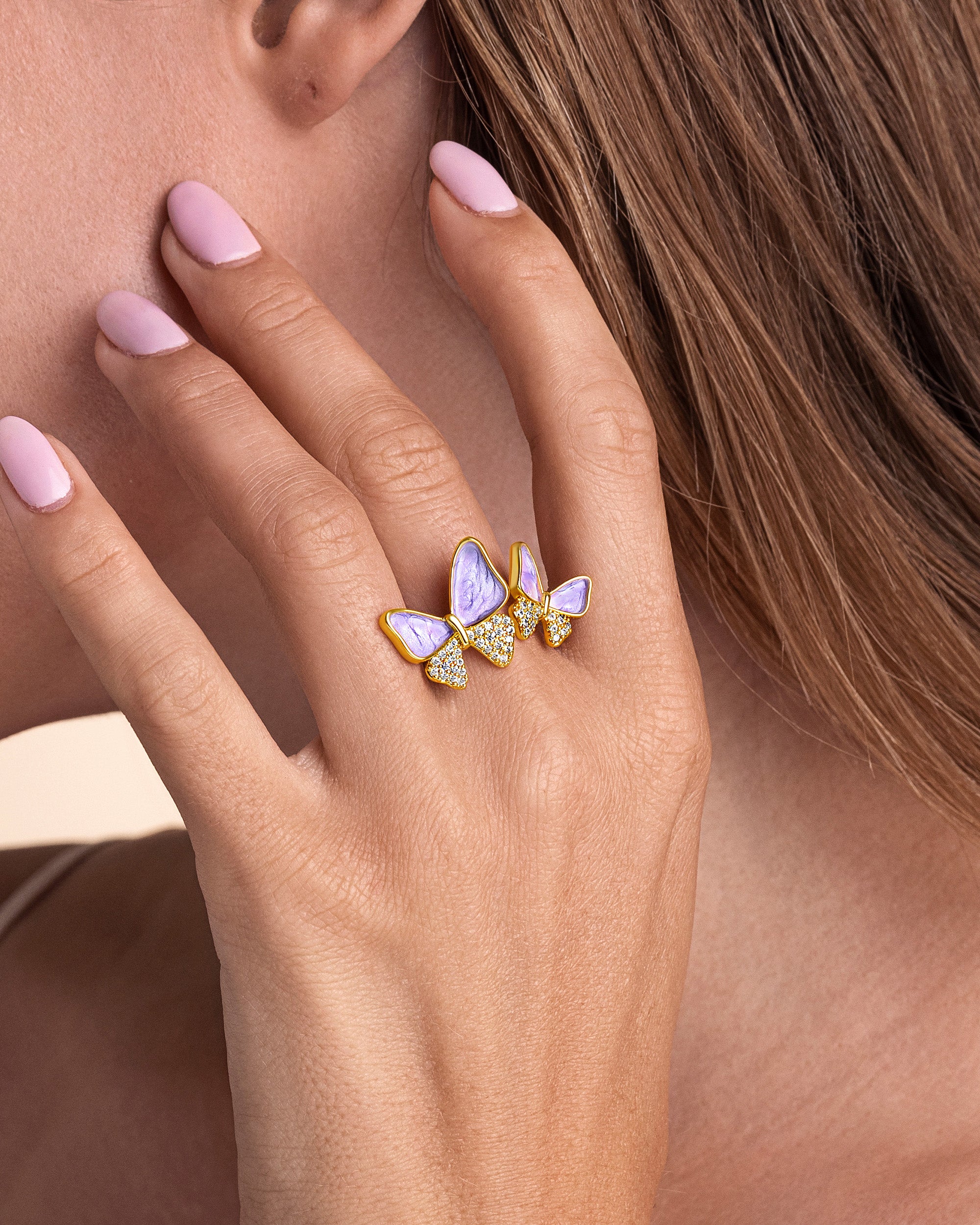 Gold Purple Enamel Butterfly Ring with CZ