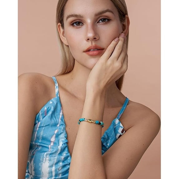 Gold Tone Turquoise Beaded Adjustable Bracelet for Women, Multicolor Statement Jewelry