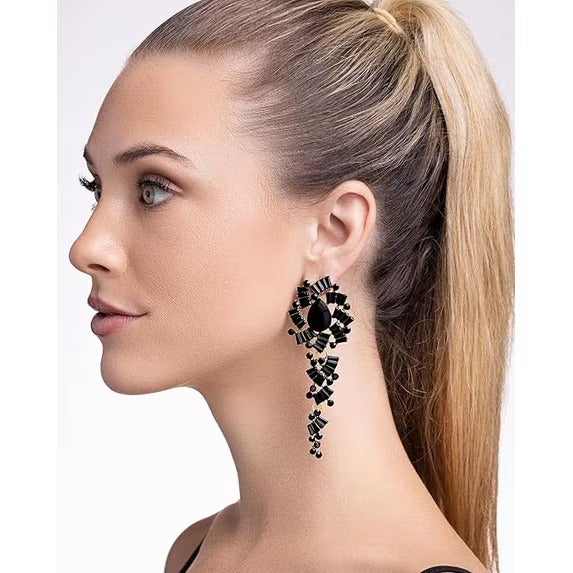 SNGIA Black Crystal Chandelier Dangle Earrings for Women, 18K Gold Plated Gothic Statement Jewelry