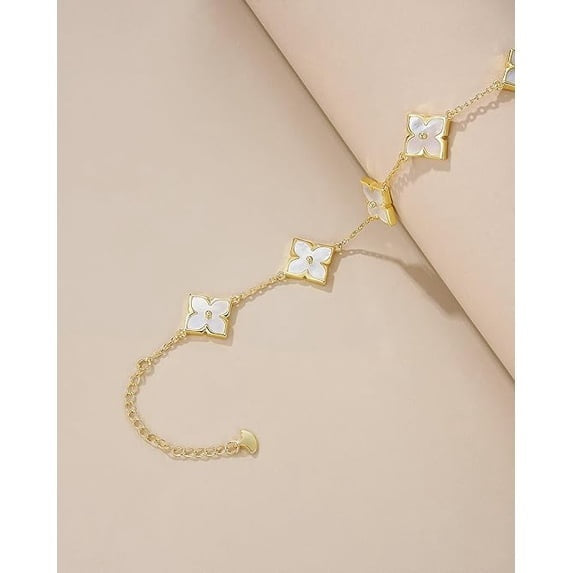 18K Gold Plated Mother of Pearl Clover Bracelet for Women, Adjustable Floral Link Bracelet
