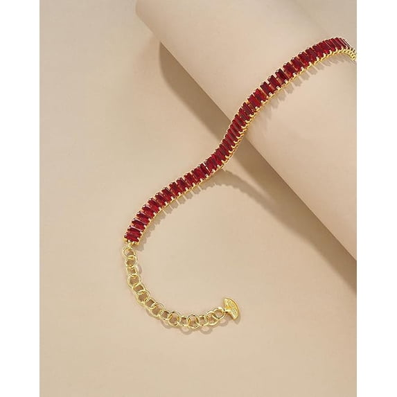 18K Gold Plated Adjustable Tennis Bracelet for Women, Baguette CZ - Ruby