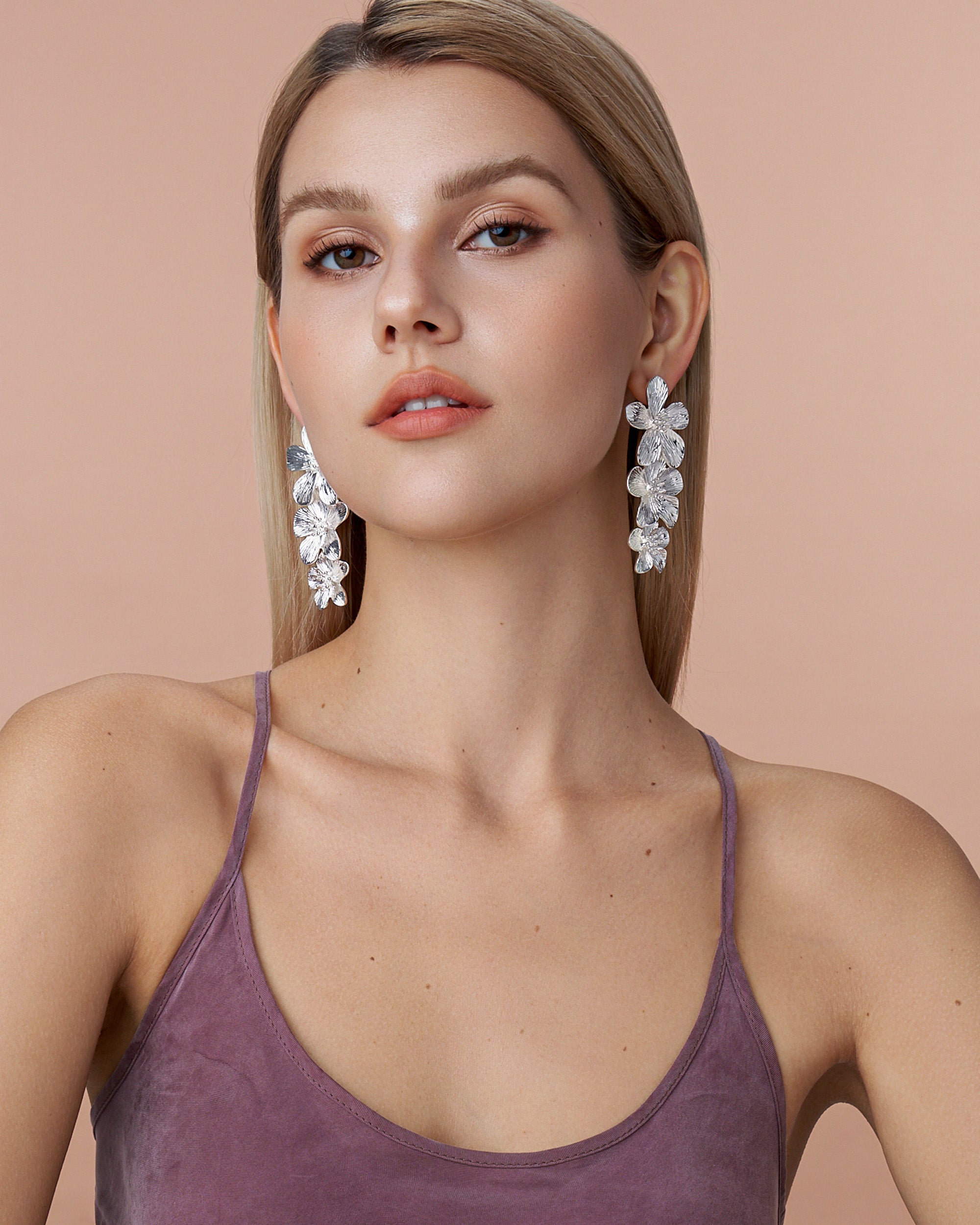 3 Tiered Floral Dangle Earrings - Silver