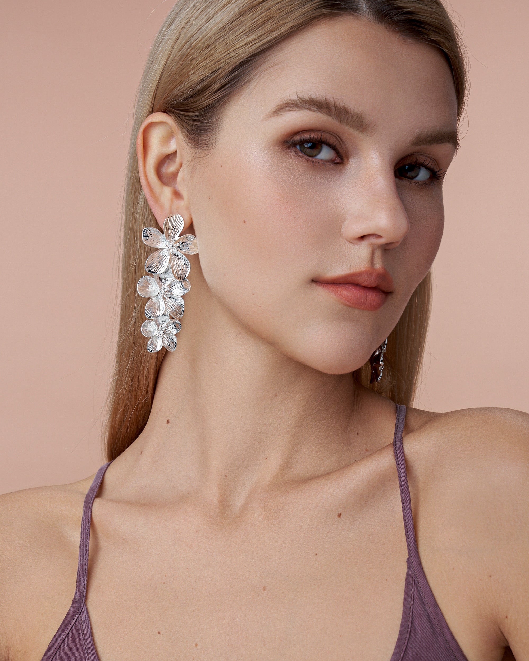 3 Tiered Floral Dangle Earrings - Silver