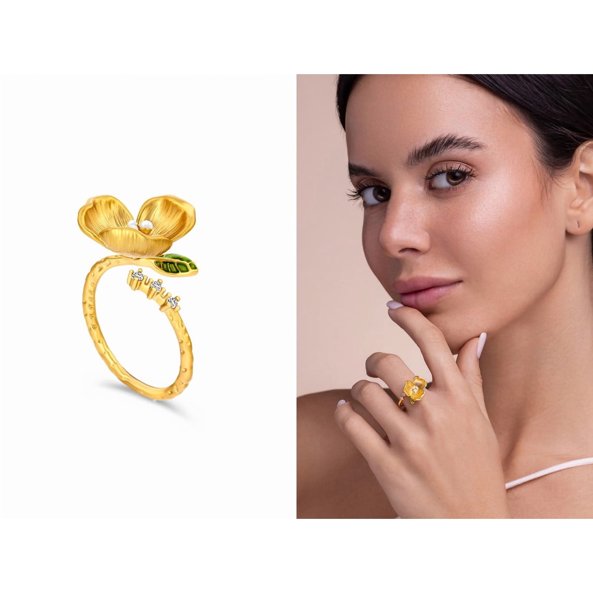 Gold Tone Floral Adjustable Ring for Women with Textured Petal Design
