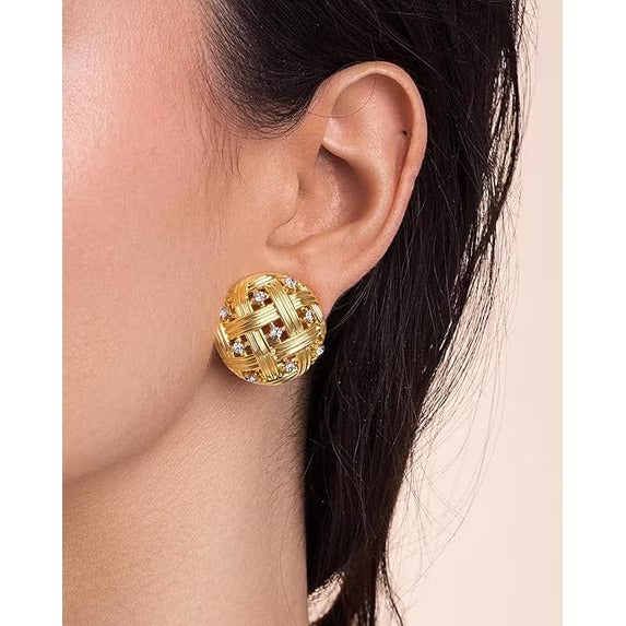 SNGIA 18K Gold Plated Round Stud Earrings with Clear CZ, Woven Lattice Design for Women