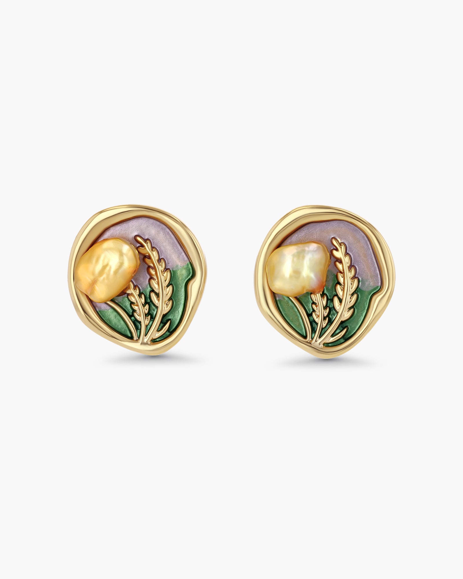 Gold Freshwater Pearl Enamel Round Earrings