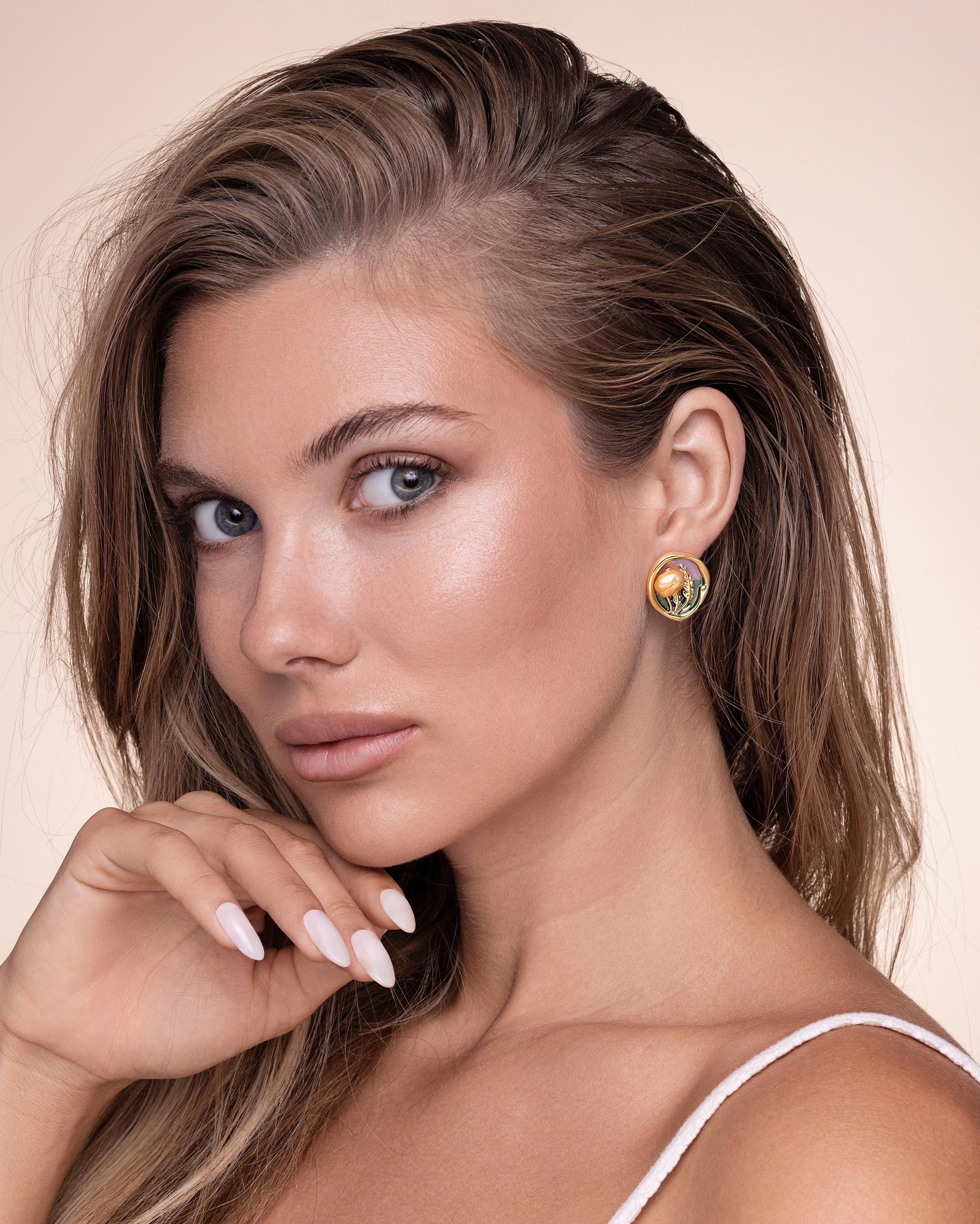 Gold Freshwater Pearl Enamel Round Earrings