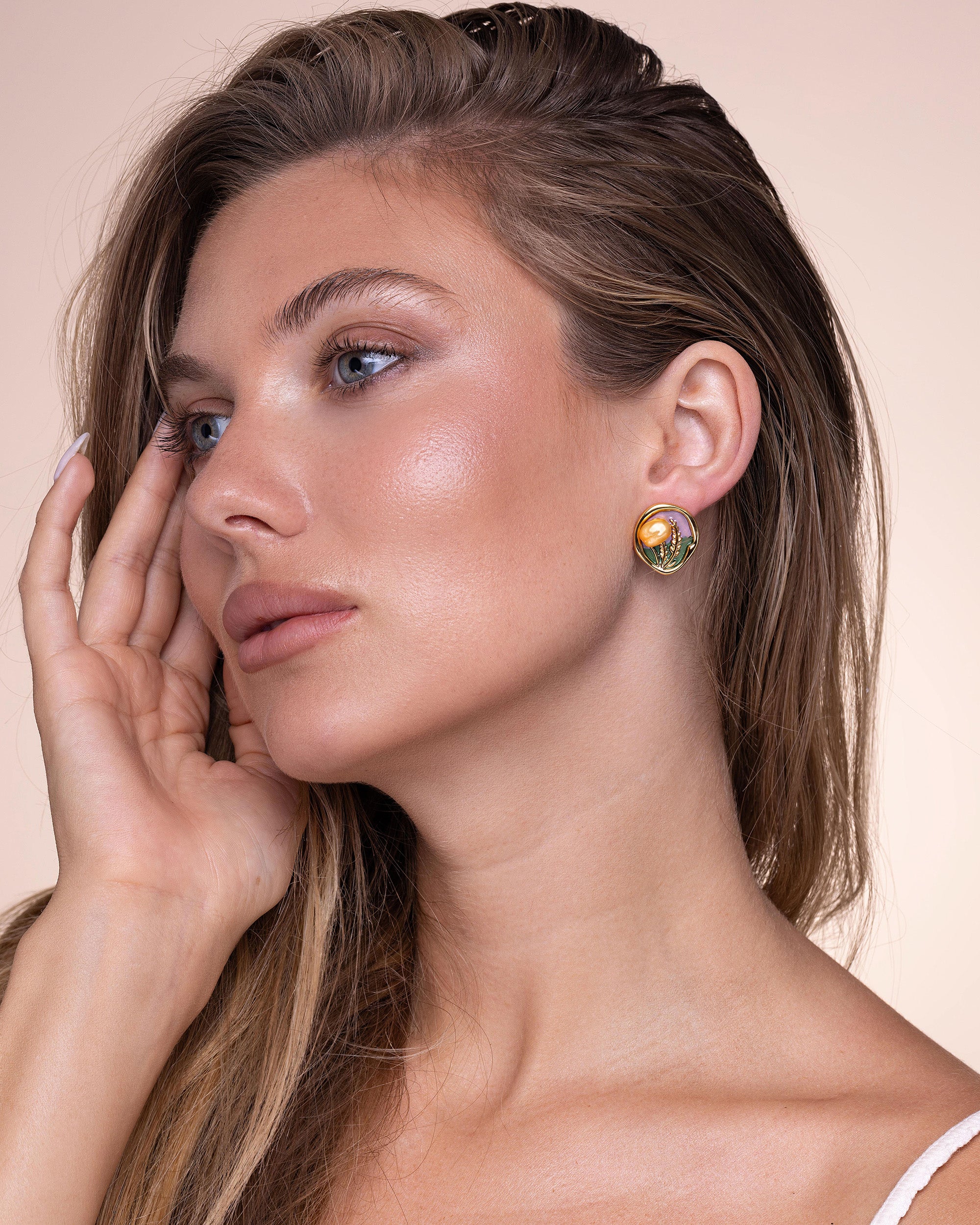 Gold Freshwater Pearl Enamel Round Earrings