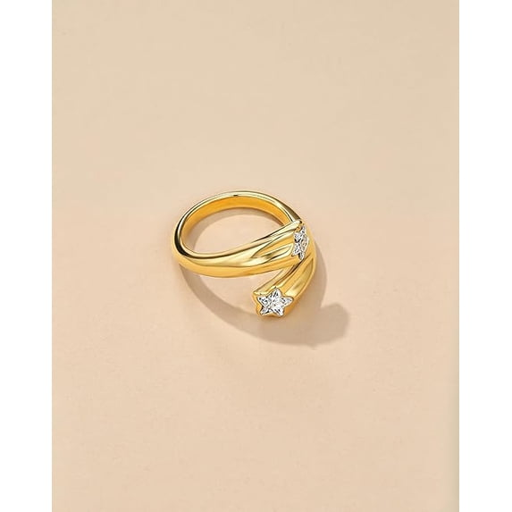 Gold Tone Adjustable Open Ring with Star CZ Accent for Women, Chunky Fashion Ring