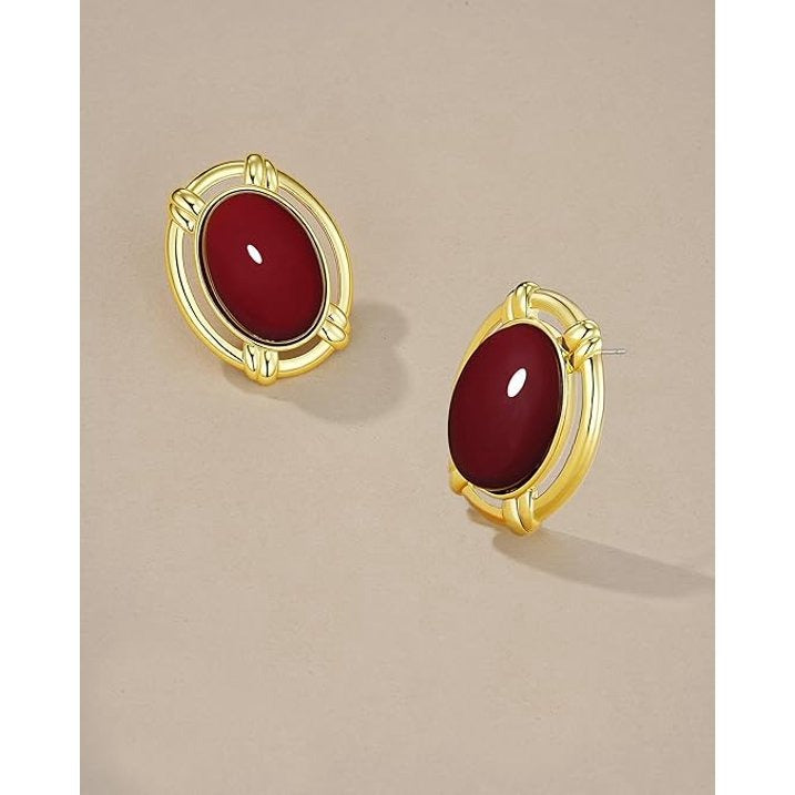 SNGIA Gold Plated Oval Wine Gemstone Stud Earrings Large Statement Button Design