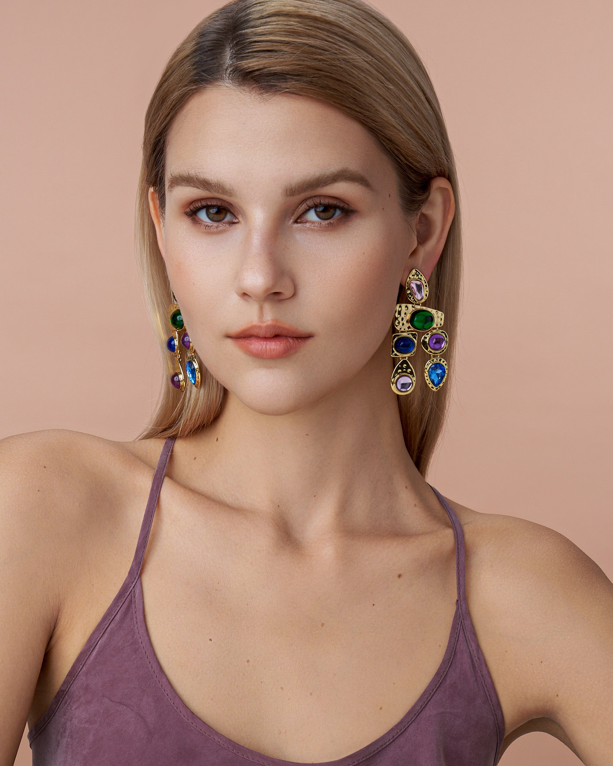 Gold Resin Gemstone Boho Drop Earrings - Midnight