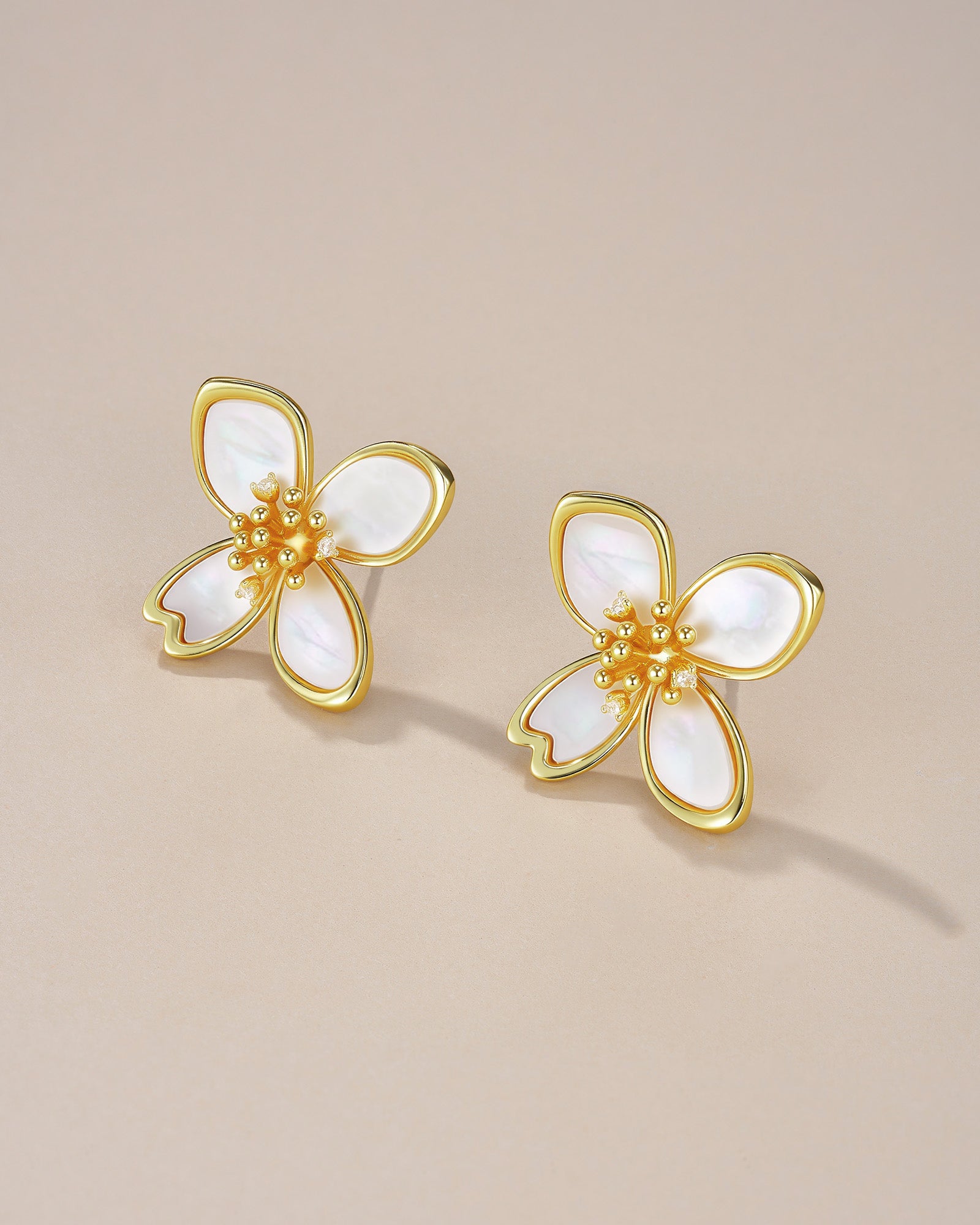 Gold White Mother of Pearl Floral Petal Earrings