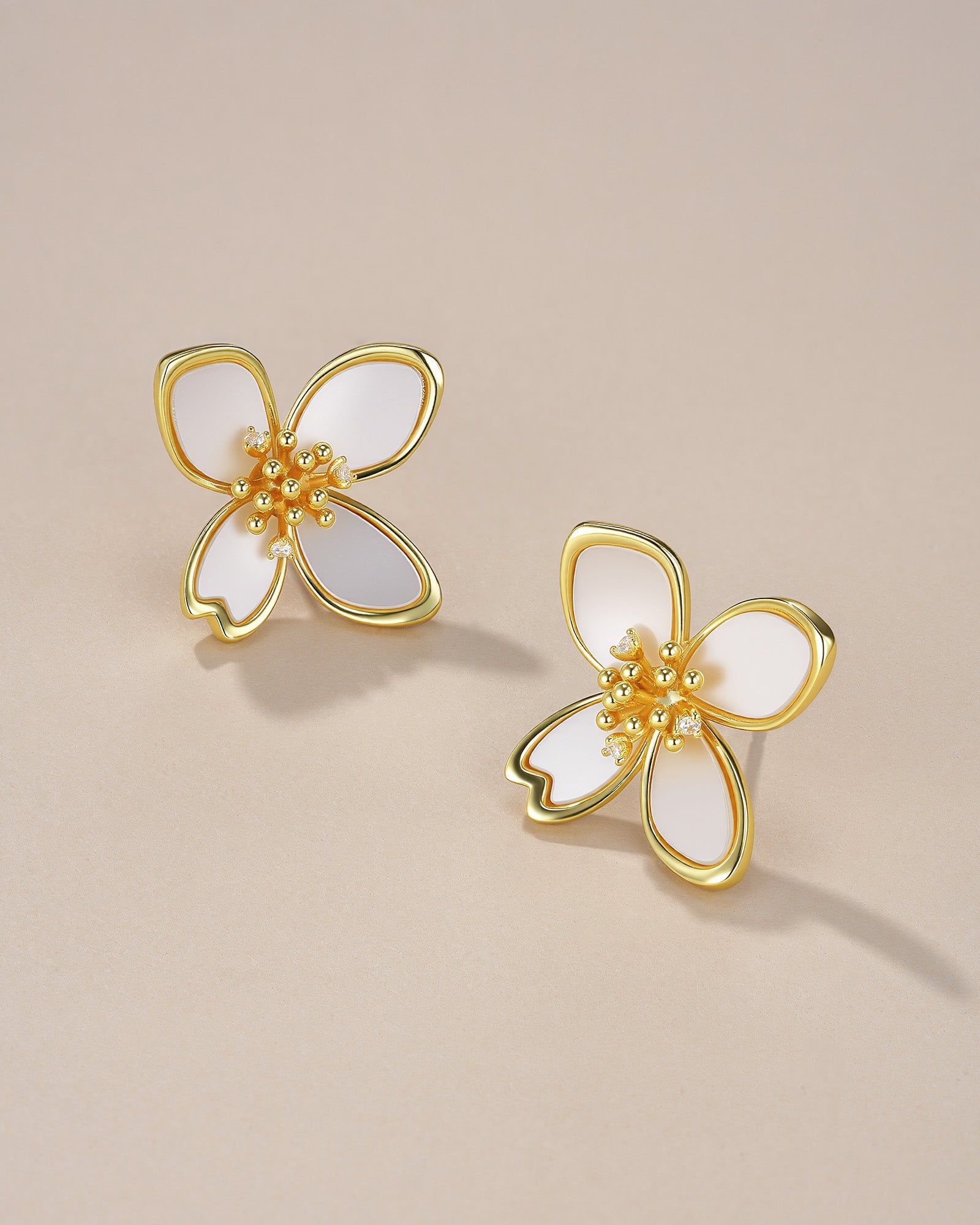 Floral Petal Earrings In Gold Tone With White Pearl Style Accent