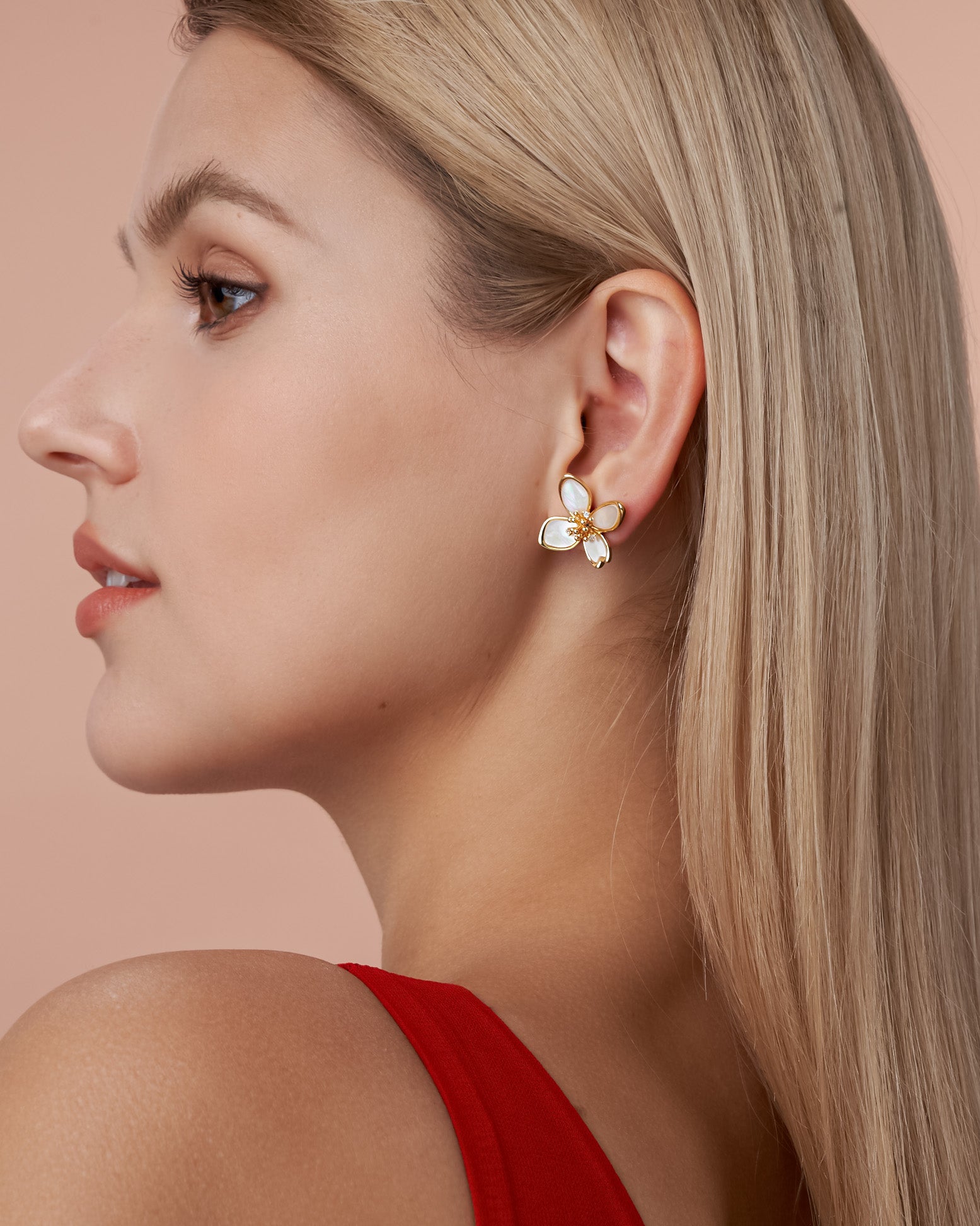 Floral Petal Earrings In Gold Tone With White Pearl Style Accent