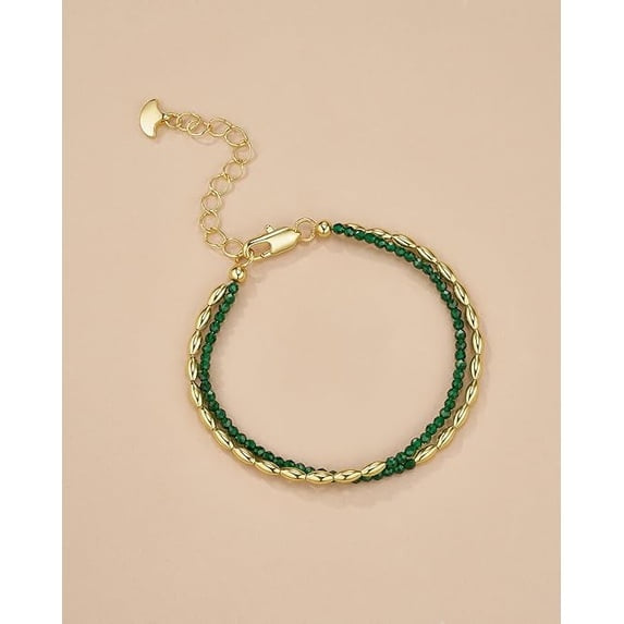 Adjustable Gold Beaded Bracelet with Green Crystal Accents for Women