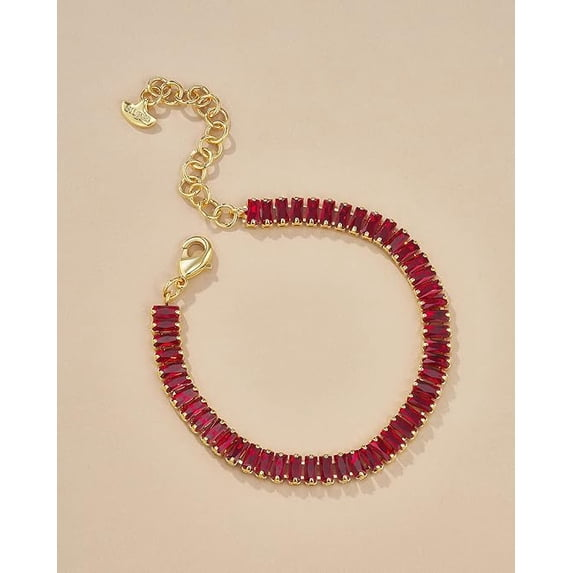 18K Gold Plated Adjustable Tennis Bracelet for Women, Baguette CZ - Ruby
