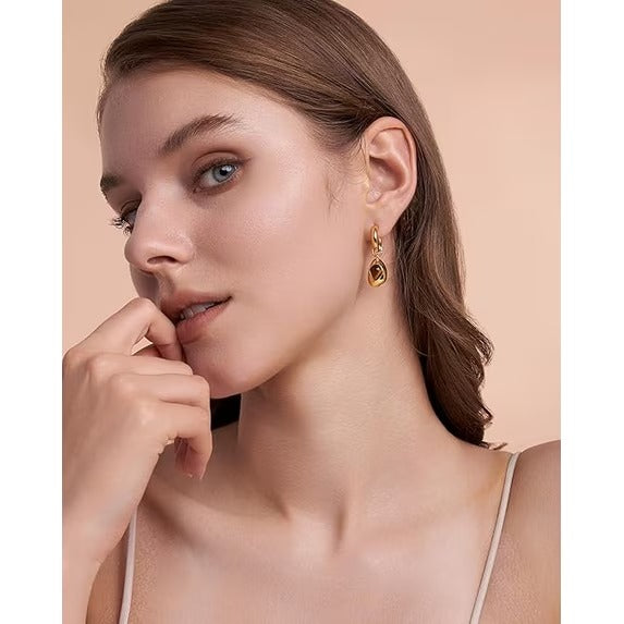 SNGIA 18K Gold Plated Tiger Eye Drop Earrings for Women, Irregular Geometric Dangle Hoops