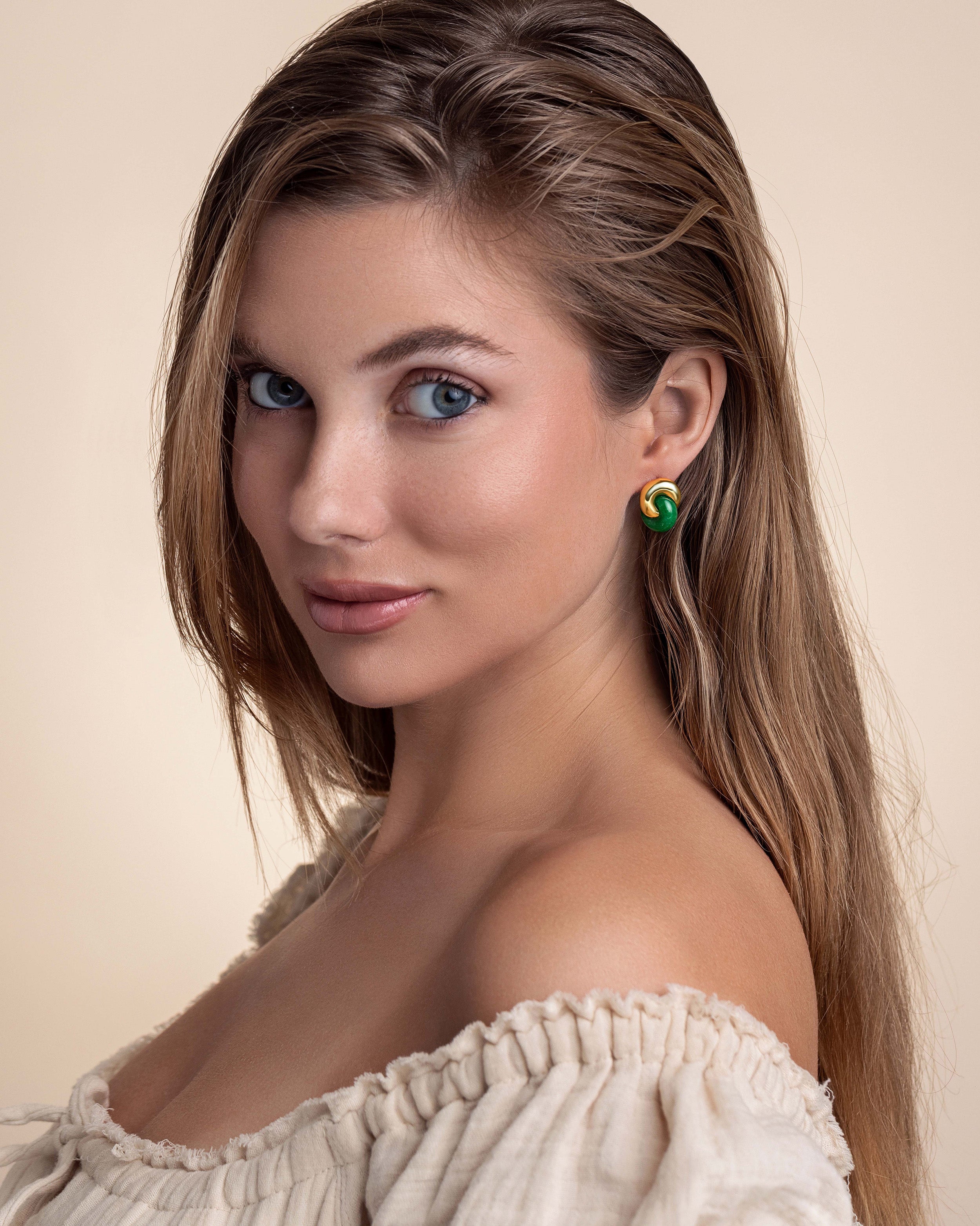 Gold Green Jade stone Twist Interlock Stud Earrings