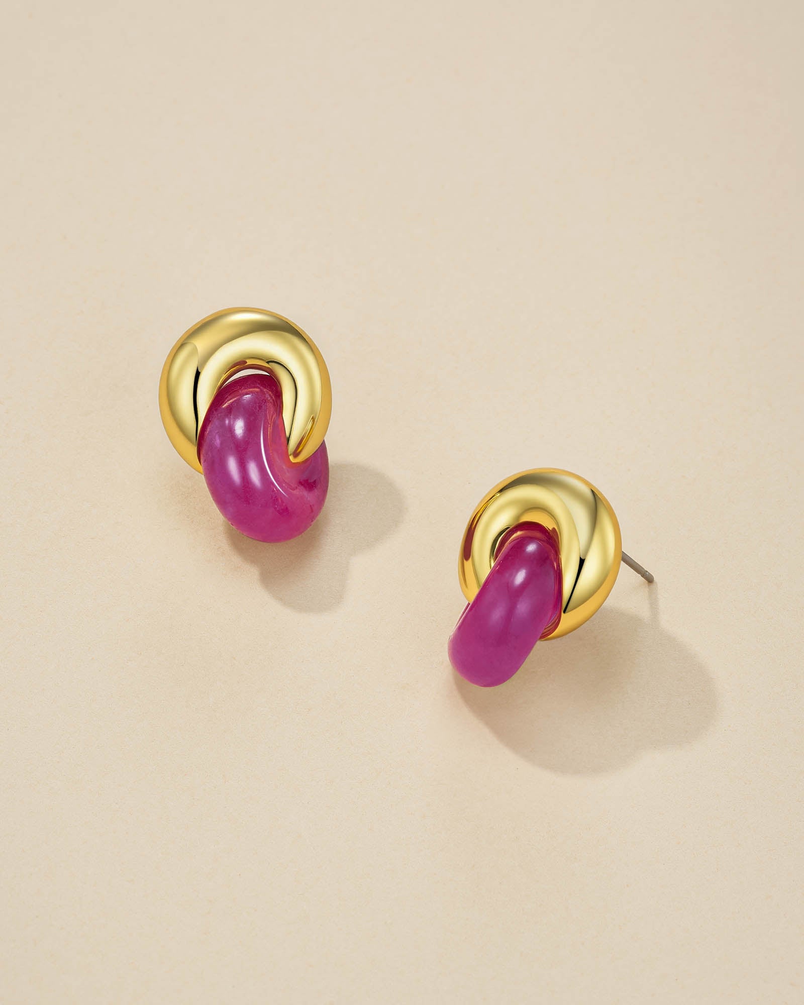 Gold Pink Jade Stone Twist Interlock Stud Earrings