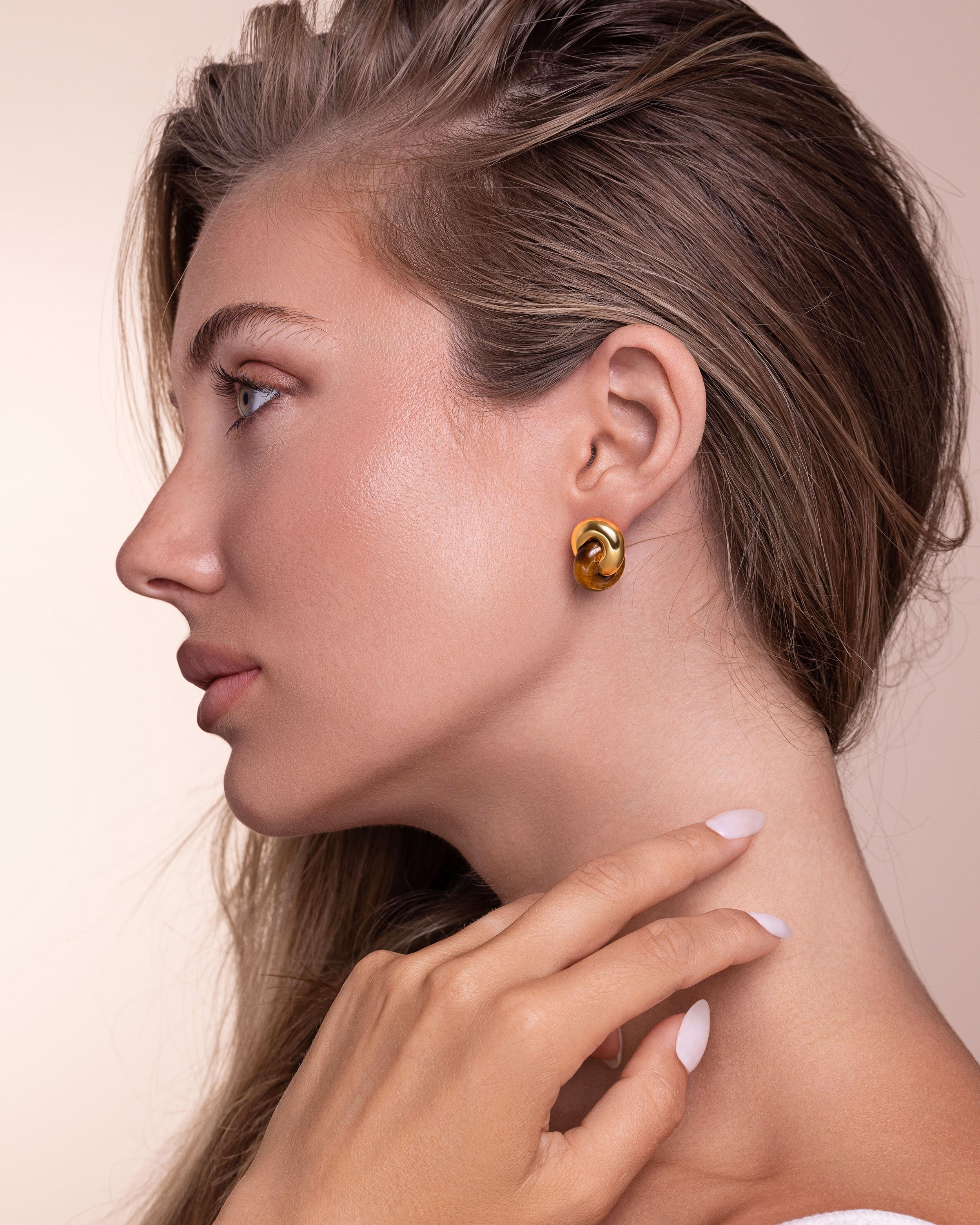 Gold Tiger Eye Stone Twist Interlock Stud Earrings