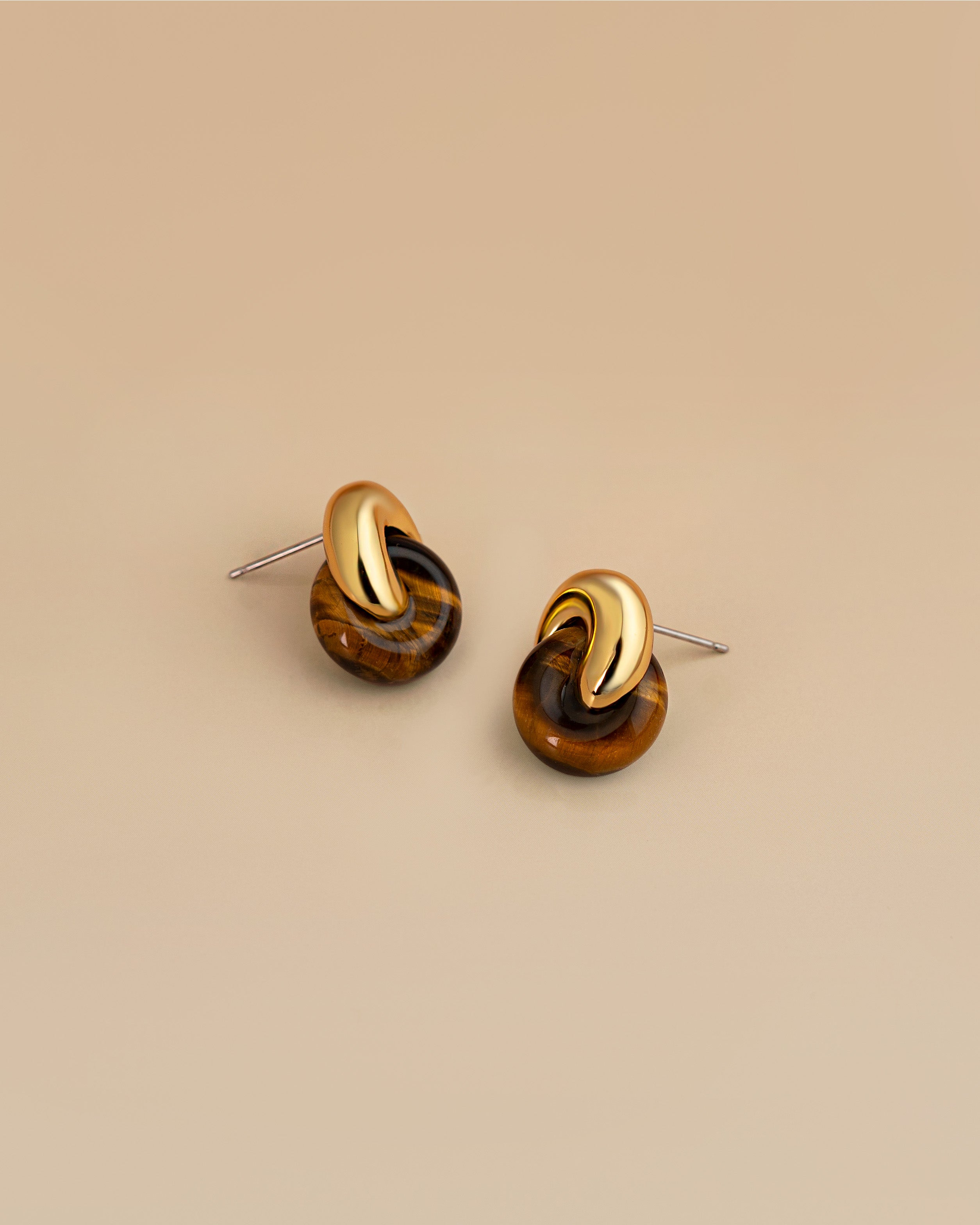 Twist Interlock Stud Earrings In Gold Tone Tiger Eye Style