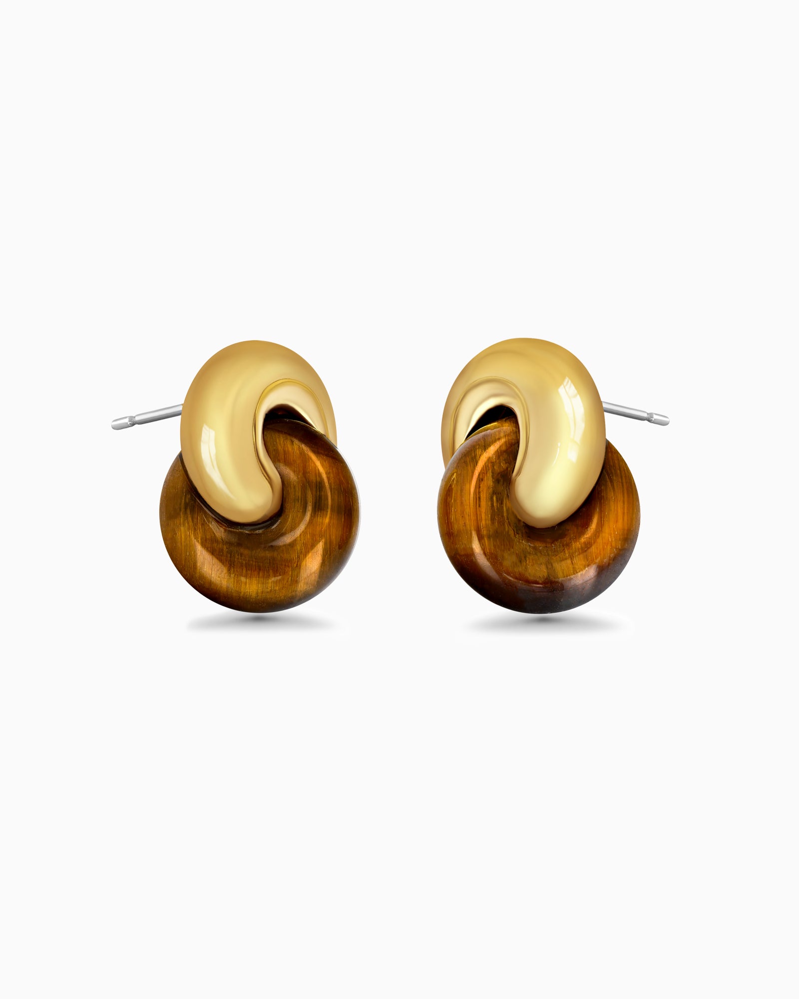 Gold Tiger Eye Stone Twist Interlock Stud Earrings
