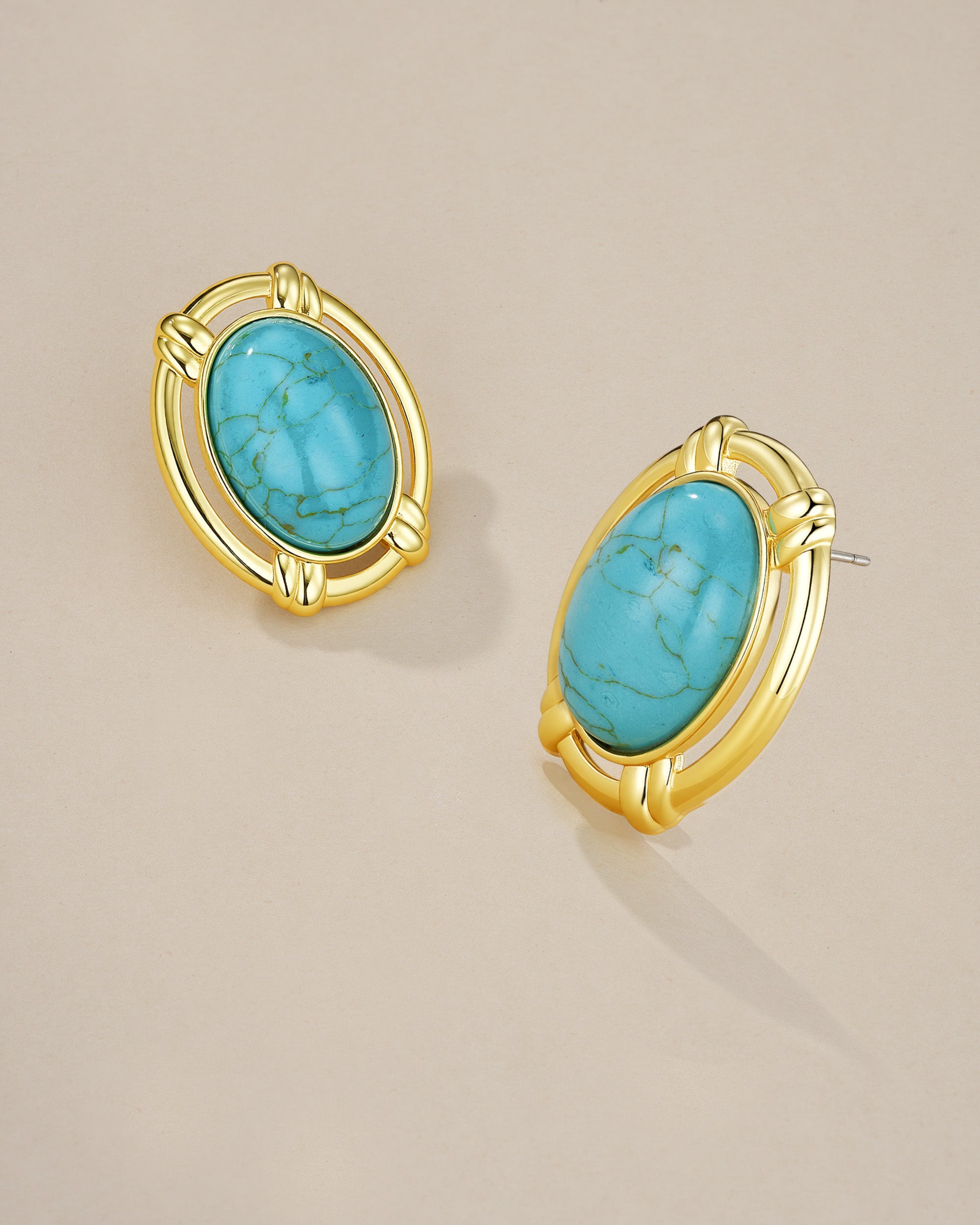 Chunky Oval Dome Statement Earrings In Gold Tone Turquoise Style