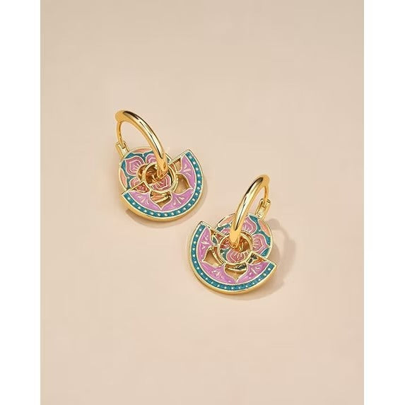 SNGIA 18K Gold Plated Pink Teal Enamel Geometric Disc Hoop Drop Earrings for Women