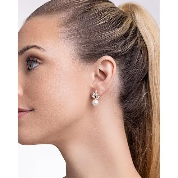 SNGIA 18K Gold Plated Pearl Drop Stud Earrings with Cubic Zirconia Floral Design for Women