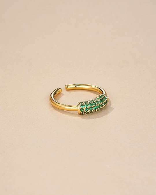 Adjustable Open Ring for Women, Gold Tone Pave Green CZ Band, Stackable Fashion Jewelry