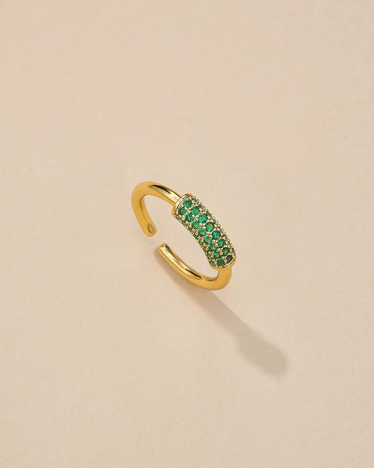 Adjustable Open Ring for Women, Gold Tone Pave Green CZ Band, Stackable Fashion Jewelry
