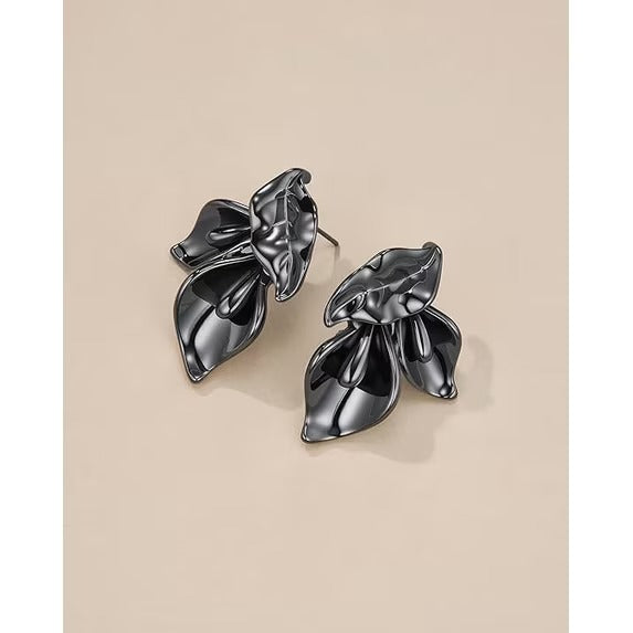 SNGIA 18K Gold Plated Two Tone Floral Dangle Earrings for Women, Grey Obsidian Petal Design