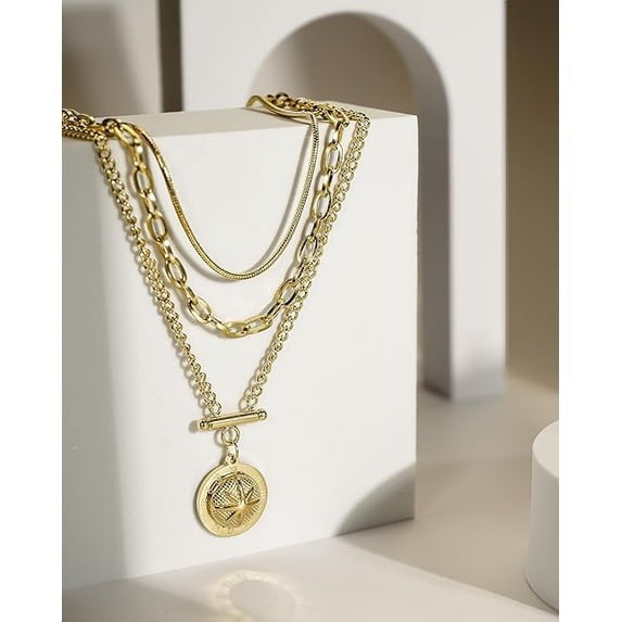SNGIA Gold Layered Necklace for Women with Medallion Pendant, 3 Chain Fashion Necklace