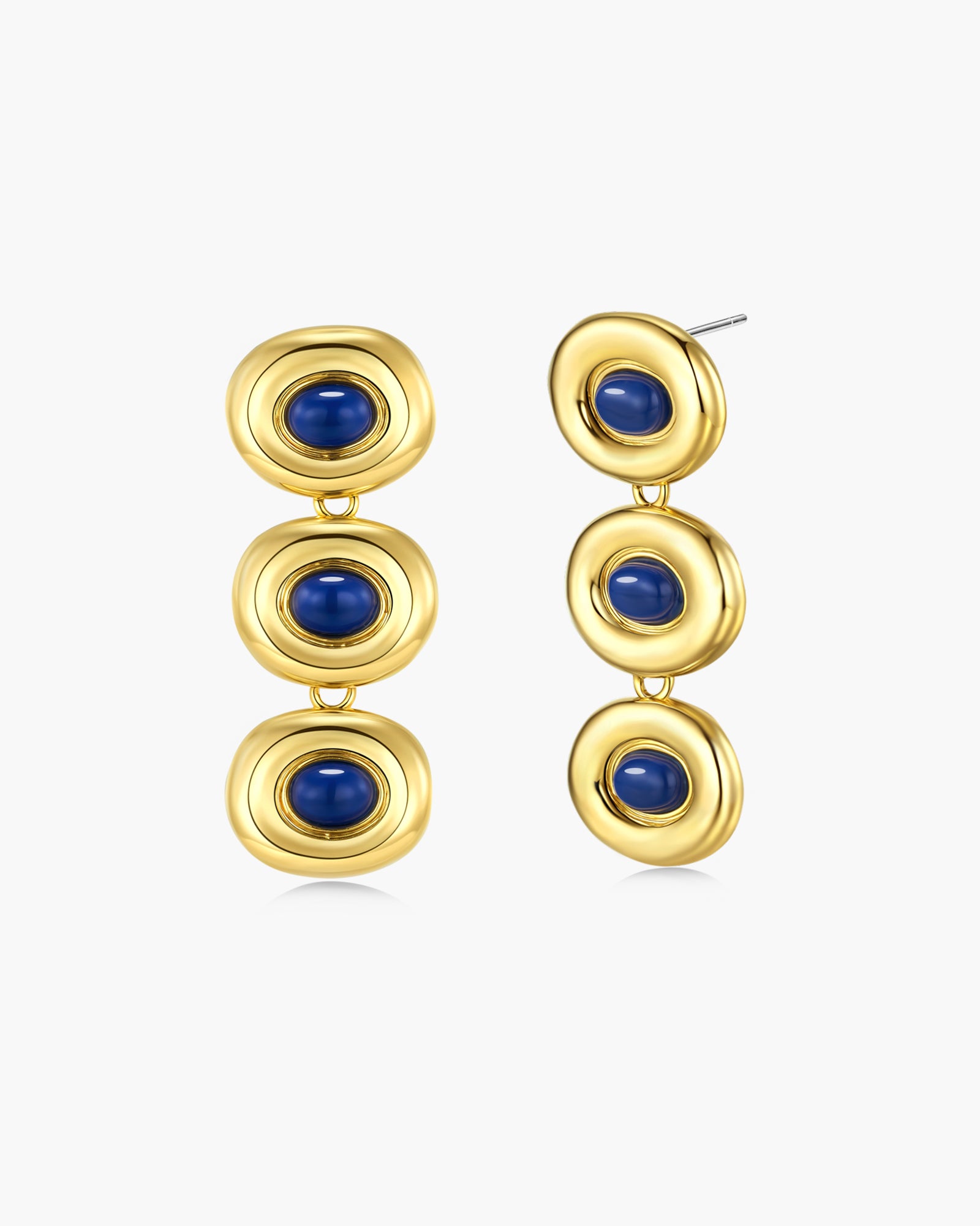 Gold Round Resin Stone Triple Drop Earrings - Navy