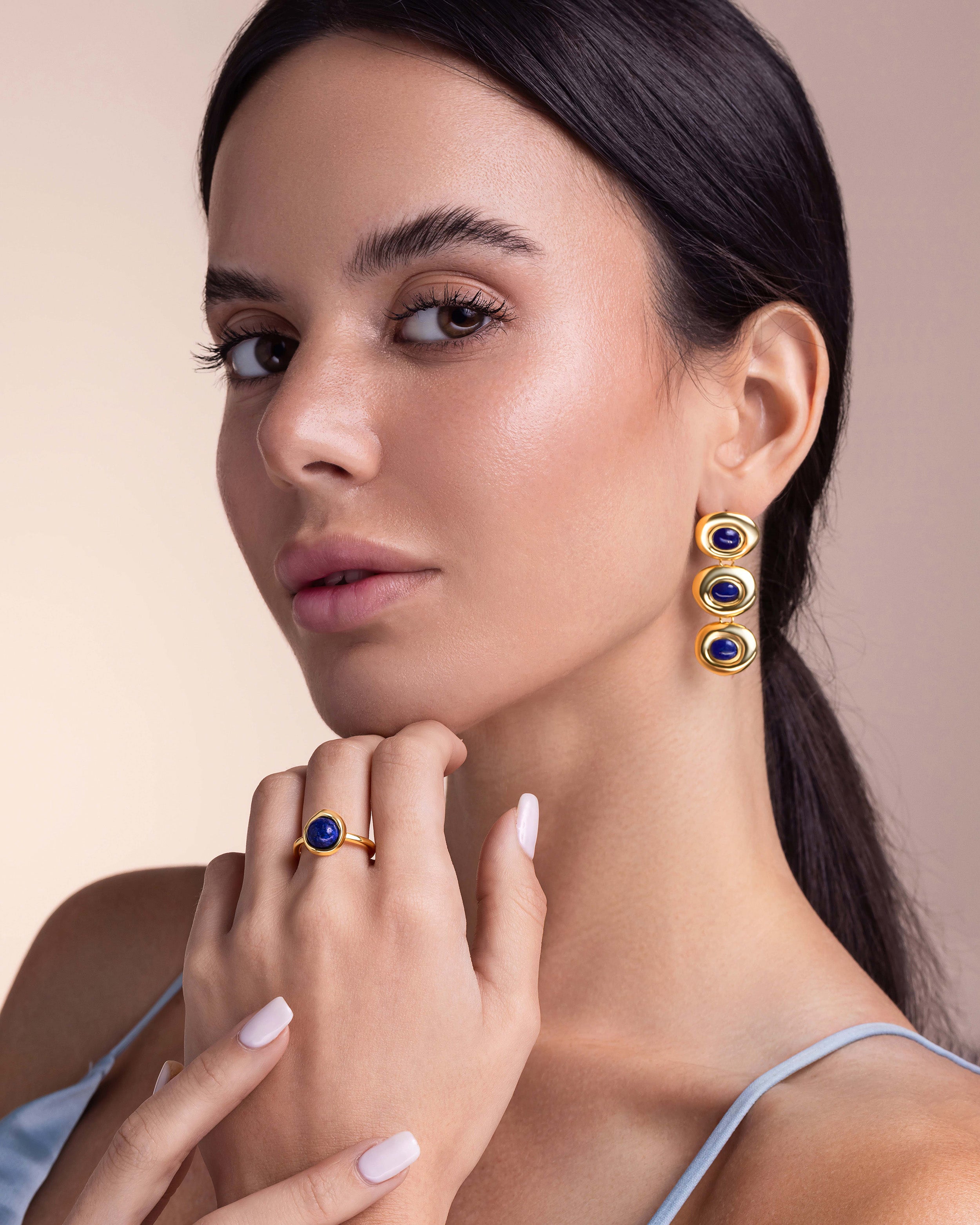 Gold Round Resin Stone Triple Drop Earrings - Navy